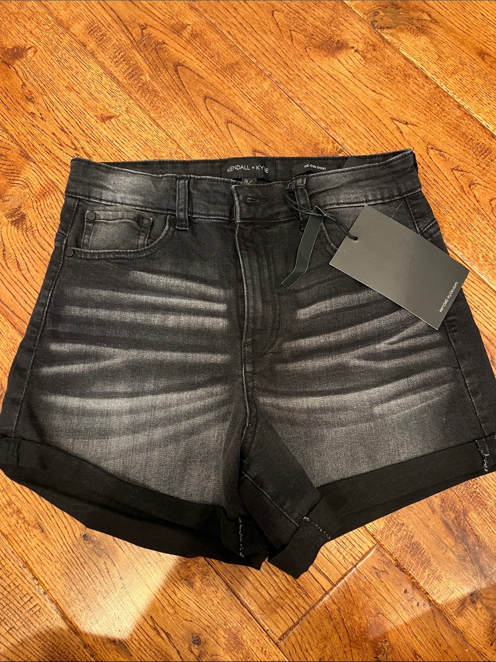 Kendall & Kylie Black Washed High-Rise Rolled Denim Shorts